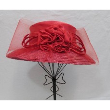 Red Straw & Satin Church Hat Bright Wide Brim Bow w/ Flower Feathers   eb-71771407